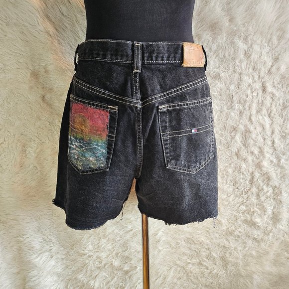 Tommy Hilfiger Women's 100% Cotton Black Customize Hand painted Denim Shorts 14 - Picture 1 of 12